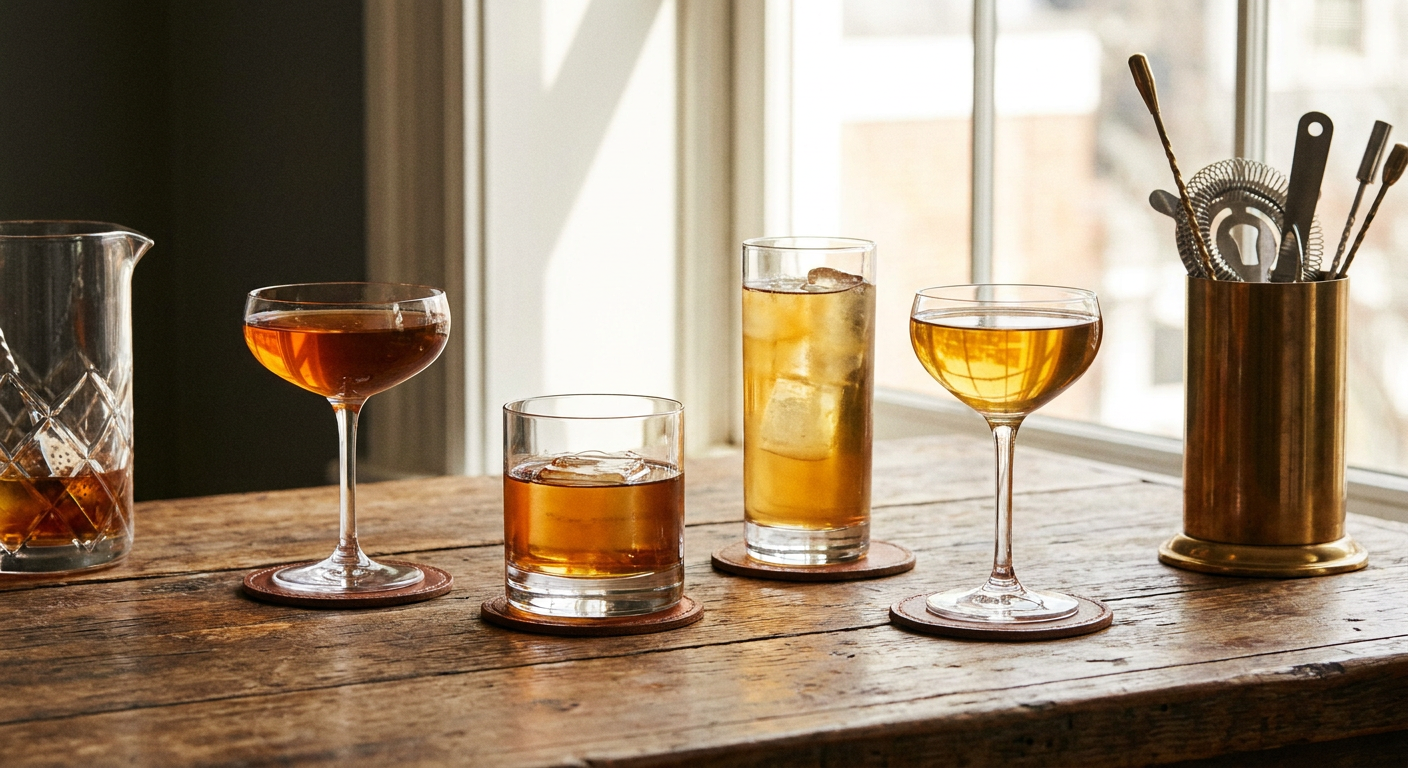 A balanced Old Fashioned, built slowly over one clear cube.